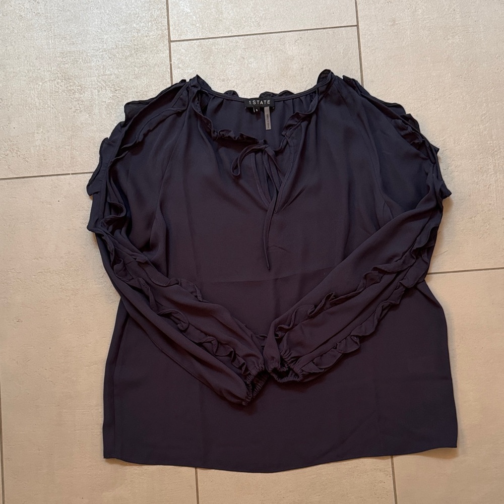 1. State Midnight Blue Ruffle Blouse